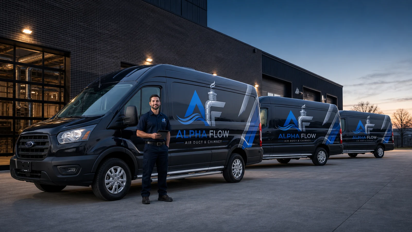 Alpha Flow branded commercial service vans and technician outside the Dallas workshop