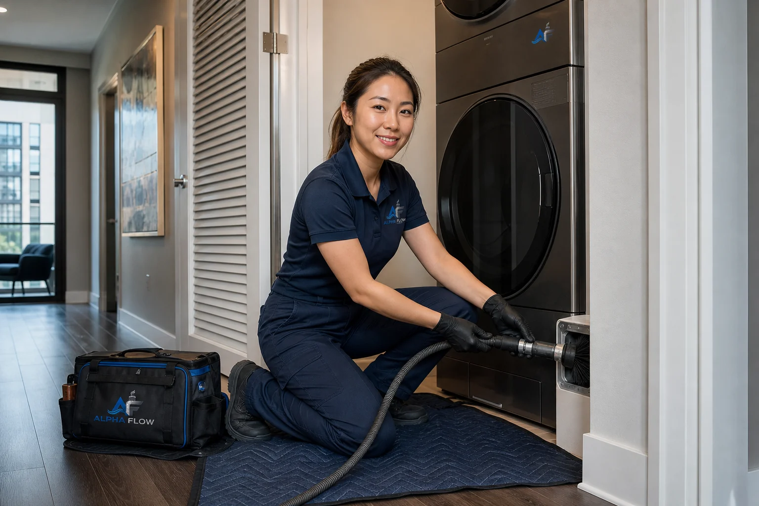 Alpha Flow technician providing apartment & condo dryer vent cleaning service in Hackberry, Texas