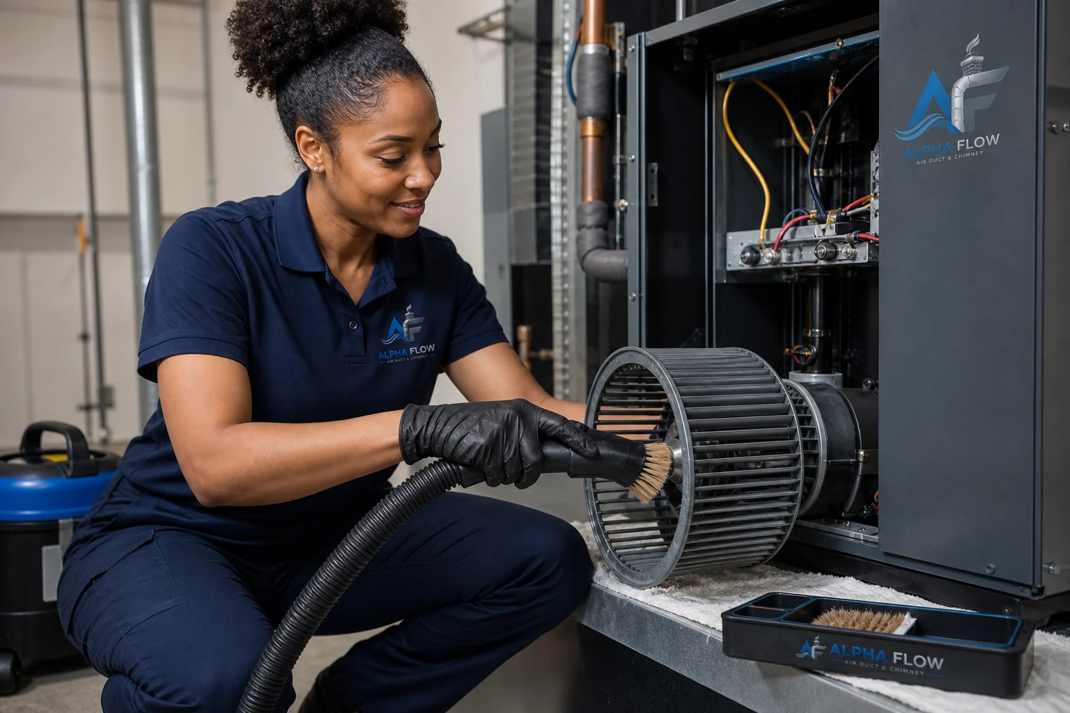 Alpha Flow technician cleaning an HVAC blower assembly