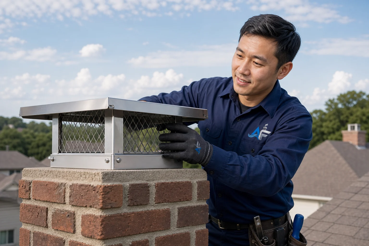 Alpha Flow technician installing a chimney cap in Dallas