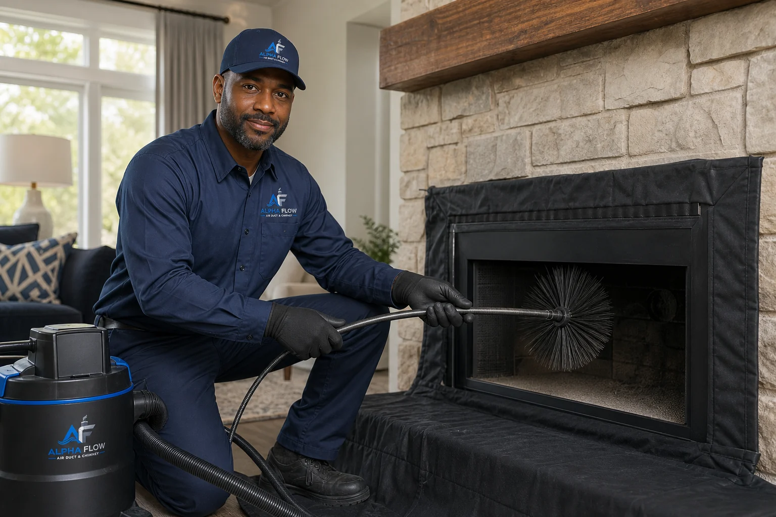 Alpha Flow chimney sweep working at a fireplace