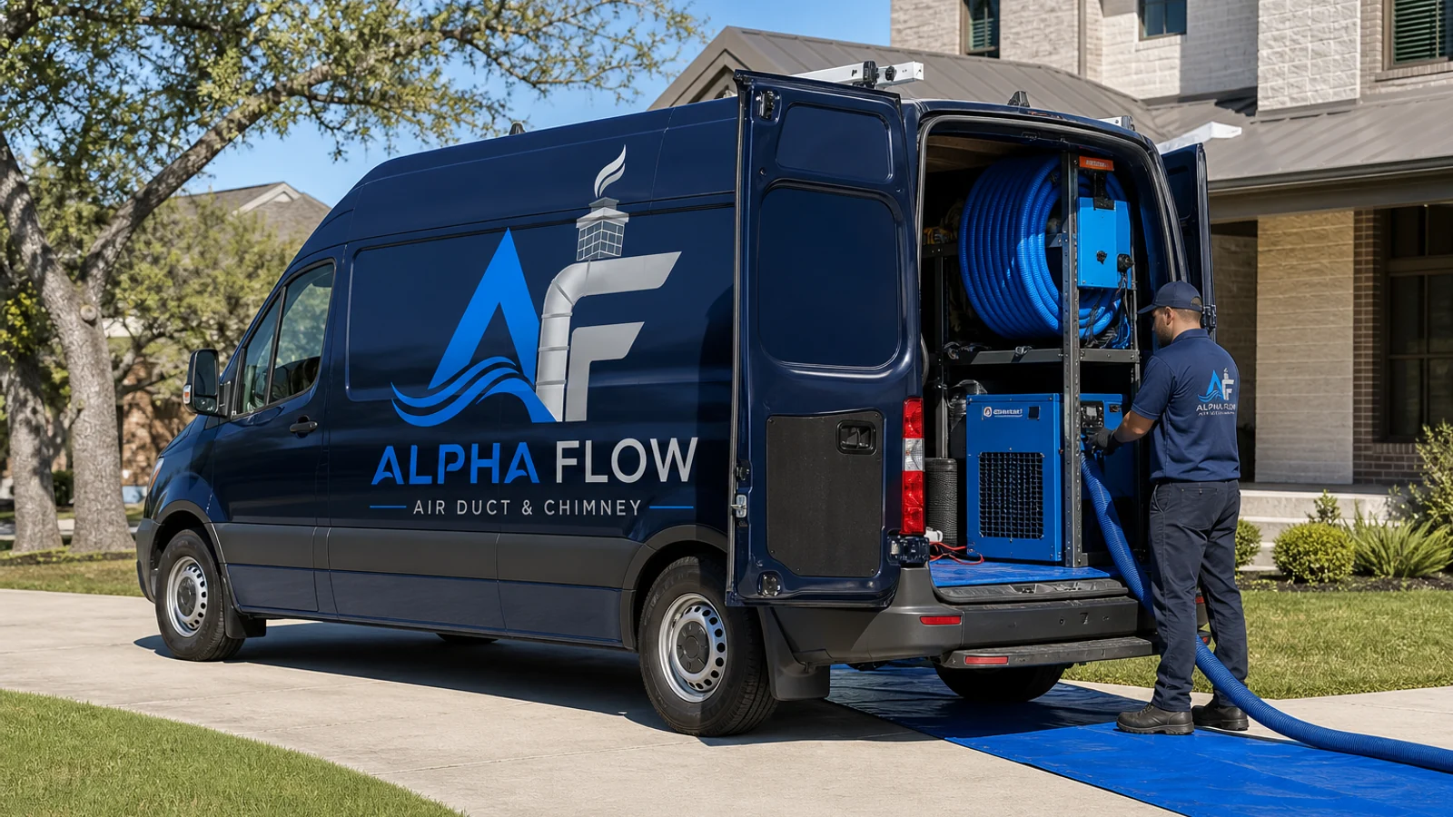 Alpha Flow branded air duct service van with professional cleaning equipment